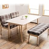 【愛らしい柔らか雰囲気のダイニング4点セット】 チェック柄のクッション座面 木目がうっすら見えるホワイトウォッシュテーブル 圧迫感がないベンチ リラックス空間食卓 ブラウン色