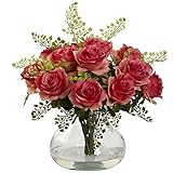 Nearly Natural 1366-DP Rose and Maiden Hair Arrangement with Vase, Dark Pink [並行輸入品]