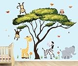 サファリデカールwithツリーと動物、アフリカのツリー、ジャングル動物デカール オレンジ AfricanTree_WA_SafariPride