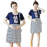 授乳服可愛いマタニティ ウェア ワンピースレディース ボーダーネコデザイン授乳口付きファスナー (XXL)