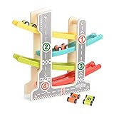 くるくるスロープ ルーピングスロープトイ BATTOP 滑空車 木製おもちゃ 滑空レースカー レインボースロープ トレインスロープ 滑り台 はしご4階 軌道4つ 車4台付