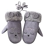 HiCollie　子供 手袋 ミトン キッズ　女の子　男の子用 グローブ　紐付き　裏起毛　雪遊び お散歩 滑り止め 秋冬 防水 防寒 通学 通園 (グレー)