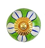 Set of 2 green lily floral hand painted ceramic round knobs cupboard cabinet drawer handles pulls