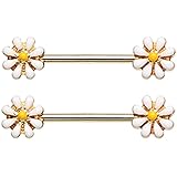 穴あきフクロウ 14GA デイジーフラワー ニップル バーベル 金メッキステンレススチール - ペアで販売