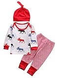 ベビー服　男の子 女の子 クリスマス 長袖 鹿プリント Tシャツ＆ストライプ パンツ　セット +帽子 (70(0-6M))