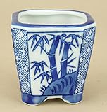 いよじ園 【盆栽鉢】 竹紋染付隅切深鉢【ミニ鉢】