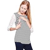 (ヤング)Young 授乳服 トップス Tシャツ 6分袖 マタニティ チュニック 授乳口付き 2016 雑誌品 ファションママ 可愛い レース ボーダー あわせ易い 産前 産後 夏 秋 肌にやさしい 