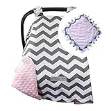 5 Colors **Summer Sale!** Car Seat Canopy by CRAZZIE with Matching Soft TAGZ Blanket (Grey Zigzag Pi