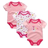 Chamie新生児から ロンパース 赤ちゃん 綿100 半袖 Baby ボディースーツ 3枚セット ベビー服 ピンク (3-6M)