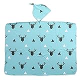 ブランケット ベビー　ひざかけ　小鹿パターン　おむつ取替えマット　お出かけ用品　赤ちゃん毛布　可愛いおくるみ　　帽子付き　２点セット　バスタオル　柔らか　タオル 軽量　ふわふわ　　 (青)