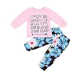 子供服　秋　英字tシャツ＆フラワーロングパンツ　上下二点セット　0-24月設定 (90, ピンク+ブルー)