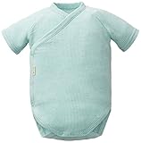 yuga☆ストライプ前あきボディ半袖 ターコイズ 60cm オーガニックコットン100% ベビー 服 男の子 女の子 兼用 出産祝い ロンパース プレゼント 綿100%