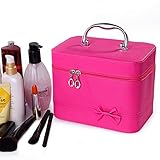 ［ドリーマー］　化粧ポーチ　化粧ボックス　バニティーケース　コスメ　化粧道具入れ　メイクボックス　蝶結び飾り　金具　取っ手付　鏡付き　携帯性　可愛い　美容　ファスナー　トラベル　大容量　バラ色