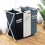 ランドリーバスケット 洗濯かご三段 ランドリーボックス 折り畳み式 ランドリーソーター 脱衣かご 仕切り 収納袋防水コーティングラミーコットン オックスフォード 防水 ストレージバスケット 大容量 60×38×60cm