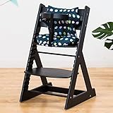 【人気ベビーチェア 笑顔のマジカルチェアー＋専用クッション (お得2点セット)】 木製椅子 安心強度の三角形ベース 高さ調節可能 ふかふかクッションセット (チェア：ブラック色 クッション：大水玉ネイ