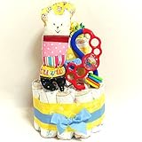 16037 おむつケーキ２段男の子　ネコちゃん＆知育おもちゃ　スタイ付き　オムツケーキ　出産祝い