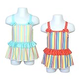 (サックス/80cm)ベビー 水着 スイムウエア Whole ホール 女の子 ワンピース UVカット マルチストライプ リボン フリル ネームタグ付 女児 ベビー