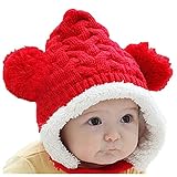 Plus Nao(プラスナオ) 子供用 赤ちゃん用 ニット帽 ニットキャップ 耳付き ケーブル編み 裏ボア付き 顎ひも付き ベビー キッズ 女の子 男の子 冬帽子 - レッド