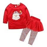 AmazingDeal 子供服 女の子 クリスマス サンタ ストライプ ボンボンスカート 長袖　春秋冬 上下セット 綿製品 衣装 可愛い (70)