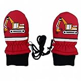 ミトン 男の子 ベビー 手袋 グローブ 撥水 裏ボア ひも付 レッド-ショベルカー 3-4才
