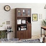 キャスター付きレンジ台(キッチン収納 キッチンボード） 幅90cm×高さ180cm ガラス扉 二口コンセント付き ブラウン