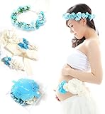 美々しく飾る マタニティフォト撮影用小物３点セット（サッシュリボンベルト、花冠、ベビー ヘアバンド）綺麗に保管できるIN.ESTILO®収納ケース (アクアブルー)