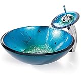 Tophome 洗面ボウルガラス 蛇口セット　　洗面台彩色上絵 手洗い器 手洗器 洗面ボール 手洗い器おしゃれ　強化ガラス製　排水金具付 蛇口付き
