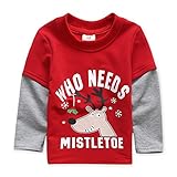 PANCY 子供服 春秋 長袖 Tシャツ キッズ トレーナー 丸い襟 男の子 女の子 可愛い トナカイ プリント 赤+灰色(100cm)