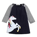 ANKECHANG ベビー服 ドレス ワンピース 長袖 子供服 女の子 天馬柄 ボーダー柄 1-8歳 size 100 (紺色)