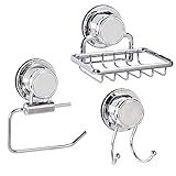 Tatkraftトリオ真空ねじハード浴室セット: Toilet Roll Holder /ソープディッシュ/ダブルバスフックAnti Rust 4-layered Chromed Steel