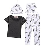 MUSTY 子供　女の子　男の子　無地　Tシャツ　羽　プリント　ロングパンツ　よだれかけ付き　帽子付き　4点セット　かわいい　夏 (0－1歳)
