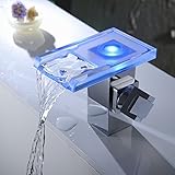 Aquafaucet LED 3色ガラス注ぎ口ウォーターフォール浴室シンク蛇口シングルハンドル洗面盆地ミキサータップ蛇口電池は必要水電源