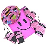 J@G 子供用 自転車用 ヘルメット ヒジ ヒザ 手首 プロテクター セット ナップサック付き 超軽量 可愛い (ピンク（フラワー3）)