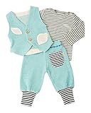 yuga☆【箱入り】「小人のベスト+バルーン・パンツ+ボーダー・Tシャツ 3点セット ターコイズ×グレー 100cm 」 オーガニックコットン100% ベビー 服 男の子 女の子 兼用 ロンT チョッ