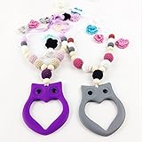歯固め ジュエリー ママ授乳ネックレス シリコン製?ふくろう型 木製?ビーズ 赤ちゃんのおもちゃ ラーニングトイ[BPAフリー][FDA認可済]木育 安全 無味 グレー/パープル 2枚セット