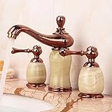 awxjxシンクタップ銅ヨーロピアンスタイルバスルーム洗面台3つ穴図面Jade CeramicsゴールドホットAng Cold Sitting