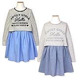 (ベージュ/110cm)子供服 女の子 ドッキング ワンピース 長袖 Dolly Ribbon ドーリーリボン ボーダー Tシャツ ダンガリー スカート バック切替 リボン 女児 キッズ