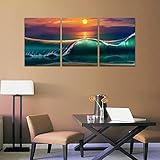 CrmaOArt - 3パネルシービューウォールアート - 夕日の青緑色の海の波 - キャンバスアートホームデコレーション - 40x50cm