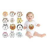 Flushbay 12枚入 マンスリーステッカー ベビー 記念日フォトシール 月齢カード ベビー 赤ちゃ 毎月ステッカー 新生児 贈り物 写真撮影 小道具 かわいい動物1〜12ヶ月