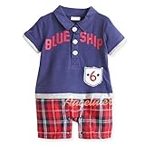 【MINI MAM】 カジュアル ロゴ チェック柄 ロンパース 男の子 ボーイズ キッズ 子ども 73㎝ 80㎝ 緑色 紺色 半袖 サーフ系 ズボン (73㎝, ネイビー)