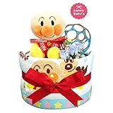 出産祝いに大人気！おむつケーキ アンパンマン・バイキンマン ウォッシュタオル/誕生日プレゼントギフト ダイパーケーキ (パンパースM18 （1歳のお誕生日プレゼント用に）)