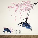 toonol Romantic Flower Fairy Girlバタフライウォールステッカー美しい鹿スイングforキッズ部屋デカールホーム装飾壁紙、120 x 100 CM