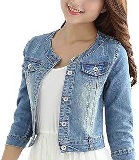 Women's Short Denim Jacket Round Neck 