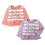 (パープル/95cm)ベビー服 女の子 Tシャツ 長袖 裾フリル 英字プリント ハート柄 ボーダー柄 女児 ベビー