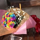 レインボーローズ 虹色のバラ 7色バラ 10本の花束 キラキラ白いかすみ草付き 花言葉「奇跡」