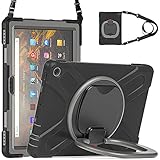 360度回転 Fire HD 10 /Fire HD 10 Plus 2021年発売 第11世代ケース 縦置き 横置き 頑丈 耐衝撃 肩掛け Fire HD 10 プラス 10.1インチタブレット保護ケース PC シリコン 持ち手付き キッズ ショルダーベルト付き (Fire HD 10 /Fire HD 10 Plus 2021年発売, 黒+灰)