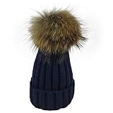 [モノジー] MONOZY キッズ ベビー ファー 付き 子供 ニット帽 選べる6色 ボンボン ニットキャップ 男女 兼用 秋 冬 帽子 (05) ネイビー)