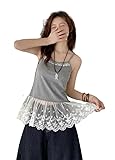 [§SEYIXU] レースキャミソール 重ね着 トップス レディース キャミソールワンピース ボトムス シャツ 花柄レース 透かし 付け裾 スカート裾 インナーノースリーブトップス カップ付き 重ね着風 おしゃれ かわいい (JP, アルファベット, Free Size, B タイプ-グレー)