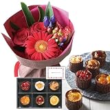 花とスイーツ ギフトセット かわいいレッド バラ ミックス花束　と　フレンチカップケーキ 写真入り・名入れメッセージカード