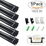 LightingWill LEDアルミチャンネルUタイプ 3.3 Ft/1M 12mm以下5050　3528　LEDライト用　カバー　エンドキャップなどの付属品が付き ブラックチャンネル乳白色カバー（